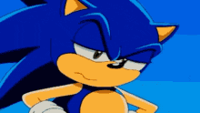a close up of sonic the hedgehog 's face with his hands on his hips