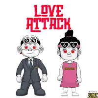 a cartoon of a man and a girl holding broken hearts with the words love attack behind them