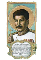 a painting of a man with a mustache holding a cross with a caption that starts with the letter t