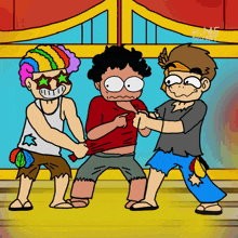 a cartoon drawing of three guys with the word home on the bottom