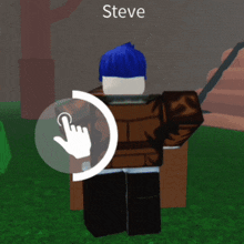 a roblox character named steve with blue hair is standing in the grass