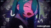 a girl with blue hair and headphones is making a funny face in a video game .