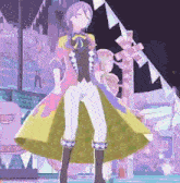 a pixel art drawing of a girl in a colorful dress