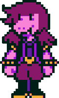 a pixel art drawing of a person with purple hair and a purple jacket .