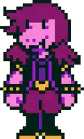 a pixel art drawing of a person with purple hair and a purple jacket .