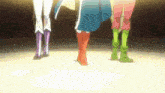 three cartoon characters are standing next to each other with their legs showing