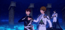 two anime characters are standing next to each other in front of a body of water