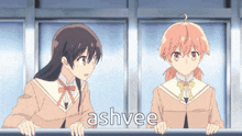 two anime girls are looking out of a window and the word ashvee is on the bottom