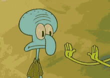squidward from spongebob squarepants is holding a rainbow in his hands
