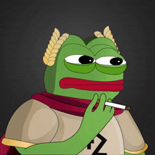 a green frog with a laurel wreath on its head smoking a cigarette