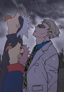 a drawing of a man standing in the rain