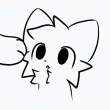 a black and white drawing of a cat 's face with a hand touching it 's nose .