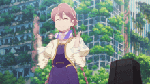 a girl in a purple dress is dancing in front of a large building