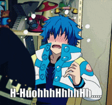 a blue haired anime character with the words h-huohhhh written on the bottom