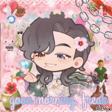 a picture of a boy with a flower in his hair and the words good morning freak on the bottom