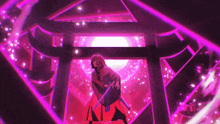 a person holding a sword in front of a pink background