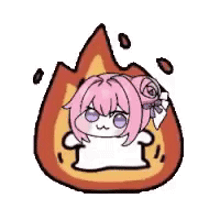 a cartoon of a girl with pink hair and purple eyes sitting in a fire .