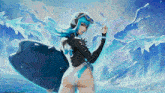 a woman with blue hair is holding a surfboard in front of a blue background