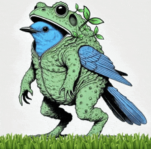 a frog with a blue bird on its back is standing in the grass