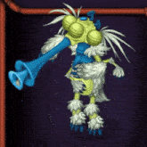 a cartoon character is blowing a blue horn