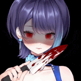 a girl with red eyes is holding a bloody knife in front of her face