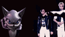 a woman is standing next to a purple cartoon cat