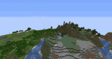 an aerial view of a minecraft world with trees and hills