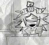 a black and white drawing of a person with abc blocks on his head