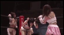 two women are fighting in a boxing ring . one of the women is wearing a pink skirt .