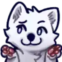 a cartoon drawing of a white cat with red paws and a blue eye .