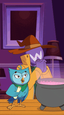 a cartoon of a bird wearing a witch hat standing next to a pot of pink liquid