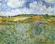 a painting of a field with hay bales in the background