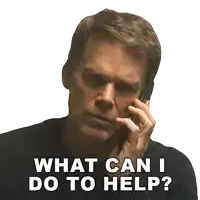 a man talking on a cell phone with the words " what can i do to help "