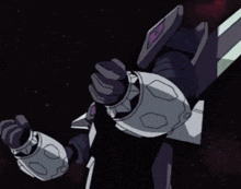 a cartoon character is standing next to a large robot in the dark .