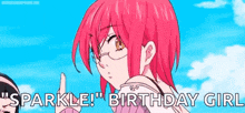 a girl with pink hair and glasses is giving the middle finger while standing in front of a blue sky .
