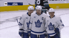 toronto maple leafs hockey players celebrate a goal on the ice
