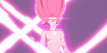 a naked anime girl with long pink hair is surrounded by purple light .