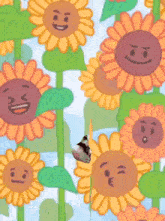 a bunch of sunflowers with faces on them and leaves