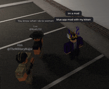 a group of roblox characters are standing in a parking lot talking to each other