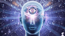 a computer generated image of a person 's head with an all seeing eye in the middle of it .