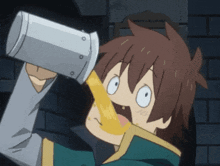 a cartoon character is drinking from a mug and making a face
