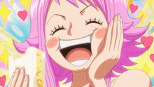 a cartoon girl with pink hair is laughing with her hands on her face