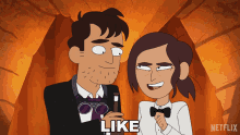 a man and a woman are standing next to each other with the word like in the middle