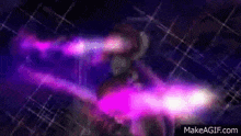 a purple light is coming out of a person 's eyes in a dark room .