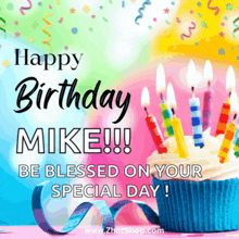 a birthday card for mike with a cupcake with candles