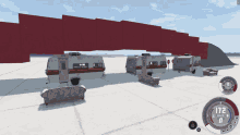a screenshot of a video game shows a couch in the middle of a row of trailers
