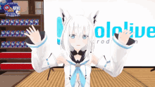 a white anime character with blue eyes is standing in front of a sign that says hololive