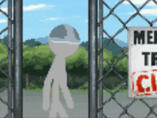 a cartoon character is behind a chain link fence with a sign on it that says " no trespassing "