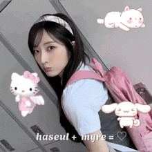 a girl wearing a headband and a pink backpack has the name haseul + myre on the bottom