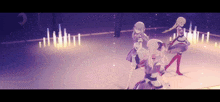 a group of anime girls are dancing in a purple room